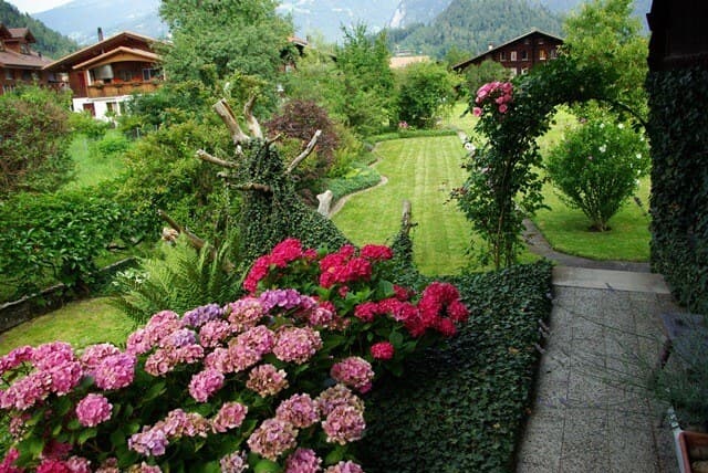 Garten mit blühenden Hortensien, Rasenweg und Rosenbogen vor Chalets und Bergen